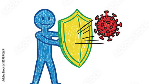 Cartoon of a person holding a shield to protect against a virus, symbolizing health and safety during an outbreak