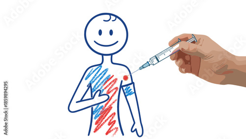 Depiction of a smiling stick figure receiving a vaccine, underscoring the importance of preventative medicine and public health initiatives for immunization and well-being