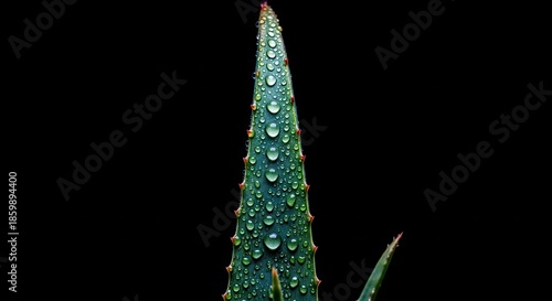 Close Up of Fresh Green Aloe Vera Leaf Covered in Dew Drops Against a Dark Background