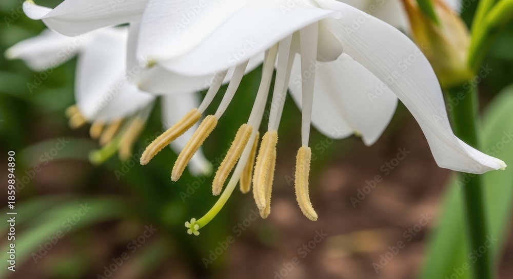Obraz premium Close-up showcases pristine white flowers with delicate petals and prominent yellow stamens. Green stems and leaves provide a natural backdrop, emphasizing the floral details. 