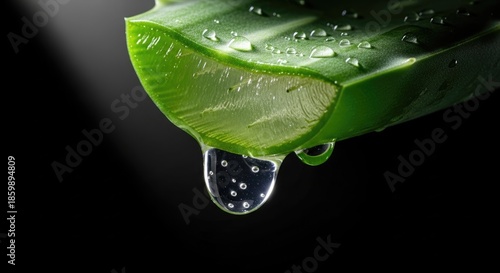 Fresh green aloe vera leaf with glistening water drops and clear gel on a dark background
