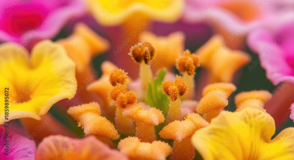 Fototapeta premium A vibrant close-up captures a cluster of tiny, multi-colored flowers, showcasing intricate details of petals, stamens, and textures, creating a striking macro view of nature's beauty