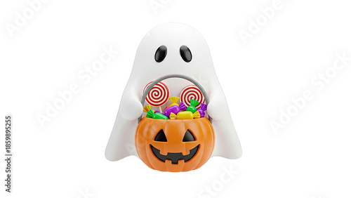 Cute 3D Ghost Holding Halloween Pumpkin Candy Bucket