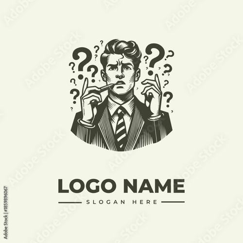 A man in a suit with question marks surrounding him, holding a pencil to his mouth and gesturing with his fingers, logo and slogan on a beige background, illustration style.