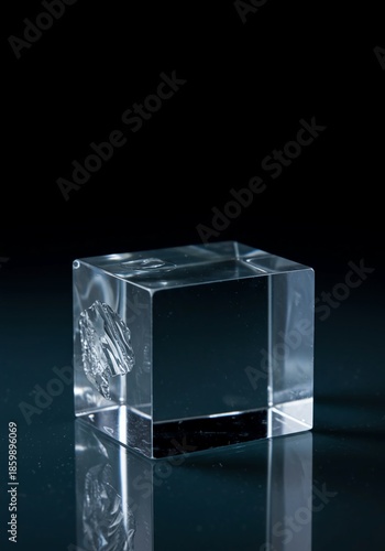 Rough, clear optical glass blank block sitting on a reflective surface, waiting for polishing and grinding into a functional geometric prism shape, abstract, manufacturing, technology