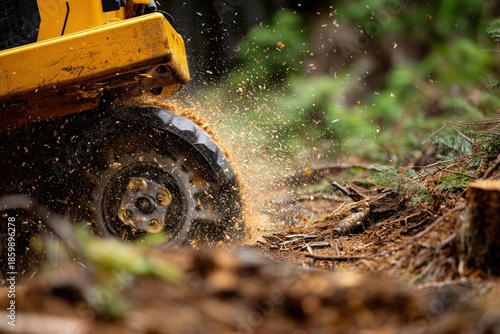 yellow stump grinder cutting tree