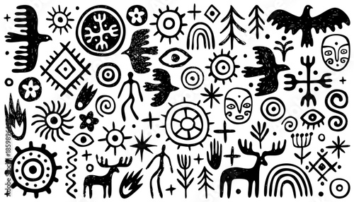 Collection of hand drawn simple ethnic folk elements. Rock paintings, primitive patterns. Sun symbols, people, trees, animals and birds, abstract lines.