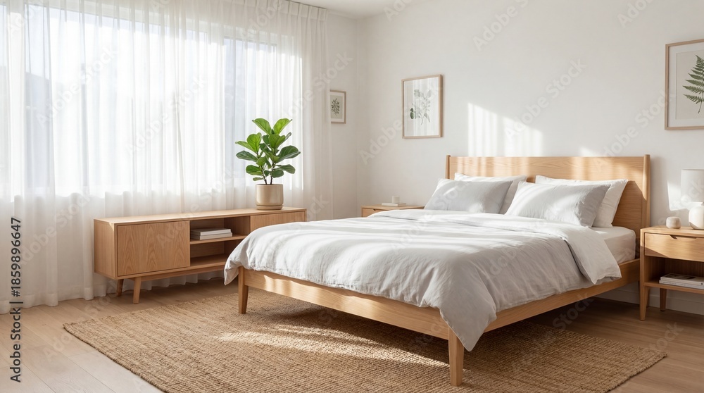 Fototapeta premium Bright and Serene Bedroom with Natural Light and Minimalist Decor.