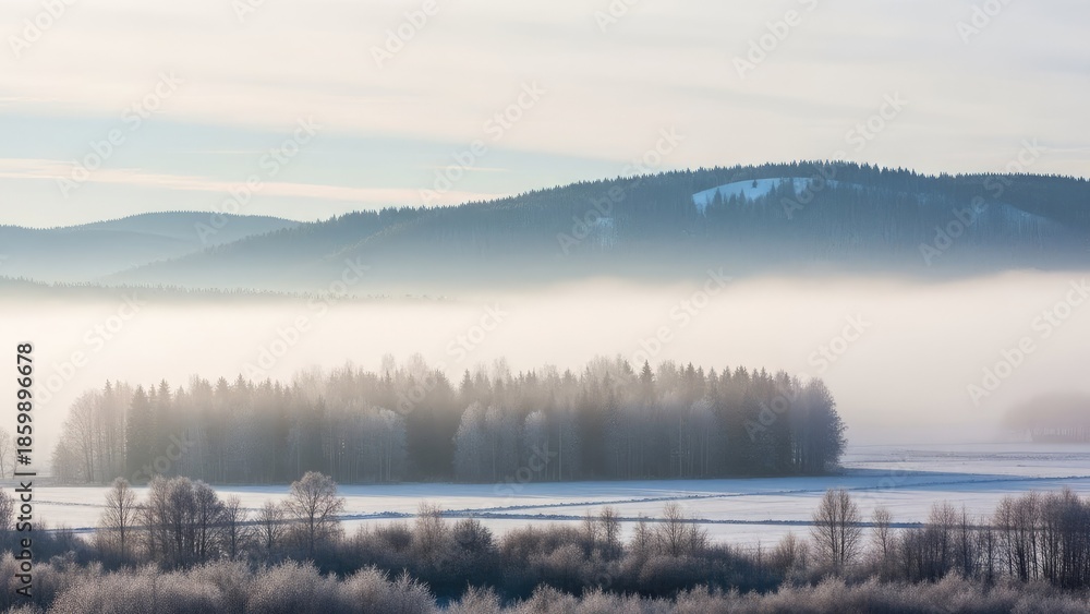 Fototapeta premium Misty Forest Landscape with Mountains and Lake.