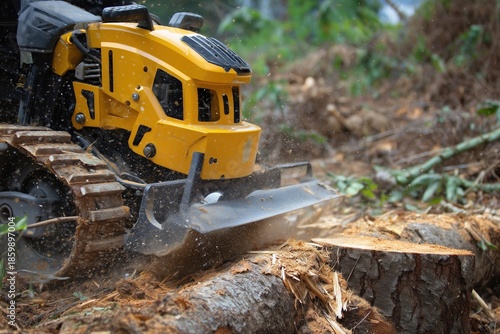 yellow stump grinder cutting tree