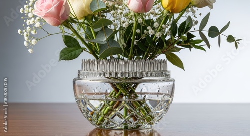 A clear crystal vase brimming with a vibrant bouquet featuring pink, yellow, and white roses, gypsophila, and greenery. The vase sits on a wooden surface against a soft gradient backdrop
