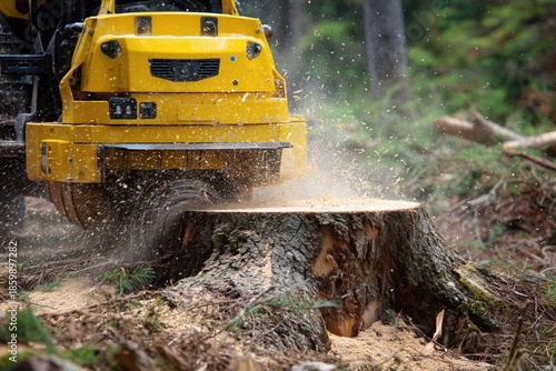 yellow stump grinder cutting tree