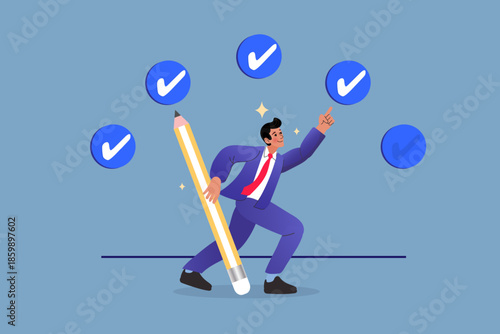 Businessman holding big pencil pointing at blue check mark icons to approve success. Flat vector illustration for task checklist, project completion, quality control and survey voting.