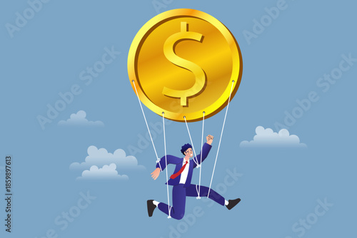 Businessman flying in blue sky using big gold dollar coin as parachute. Flat vector illustration for golden parachute concept, financial safety net and business insurance protection.