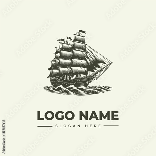 A vintage sailing ship logo with billowing sails and flags on a cream background, accompanied by a customizable logo name and slogan in a modern typographic layout, ideal for branding and