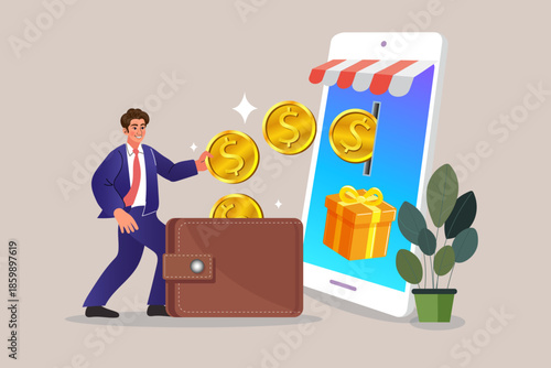 Businessman putting gold dollar coin from wallet into smartphone shop slot with gift box. Flat vector illustration for mobile payment, e-commerce cashback reward and digital banking loyalty program.