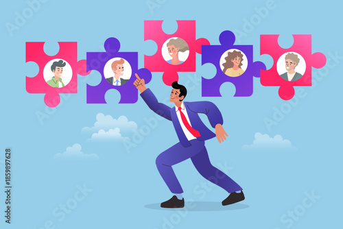 Businessman pointing at connected jigsaw puzzle pieces with people portraits. Flat vector illustration for human resources recruitment, team building and talent acquisition management.
