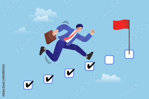 Title / Description: Businessman jumping up checklist steps with checkmarks towards red flag goal. vector illustration for project management milestones, task completion and success progress tracking.