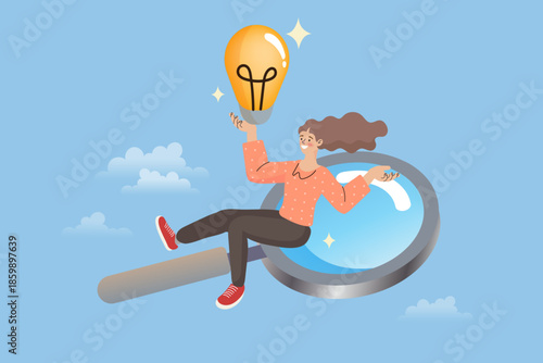 Woman sitting on big magnifying glass holding glowing light bulb idea. Flat vector illustration for creative innovation, finding solution and research discovery strategy.