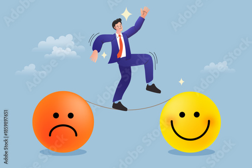 Businessman walking on tightrope to balance between angry and happy face emoji ball. Flat vector illustration for emotional intelligence, customer feedback management and mental health stability.