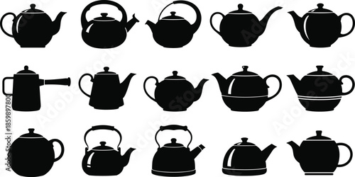 Set of teapot and kettle silhouettes, ceramic tea pot icons, kitchenware boiling water equipment, porcelain kitchen vessel elements for cafe and restaurant branding,