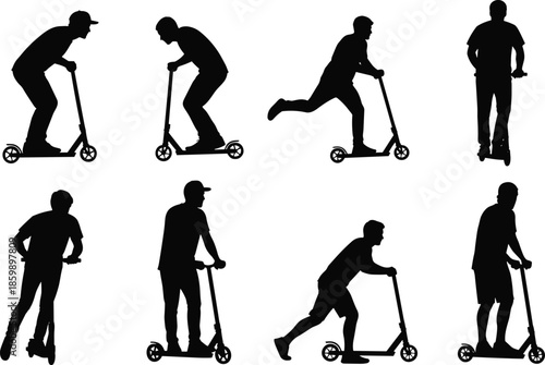 Set of young man riding electric kick scooter silhouettes, male person on push scooter in various poses, urban city transportation vector icons,