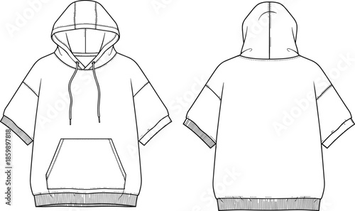 Unisex oversized short sleeve hoodie fashion flat sketch, hooded sweatshirt technical drawing for apparel design, streetwear garment template with kangaroo pocket,