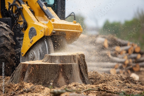 yellow stump grinder cutting tree
