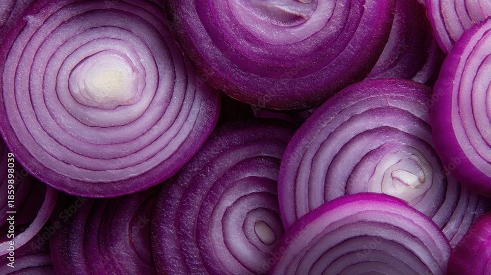 Obraz premium Fresh red onions are cut into thin round slices and placed closely together. The light reveals their vibrant colors and unique patterns on a flat surface.