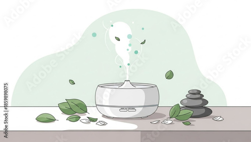 Essential oil diffuser with mist and leaves on a table with zen stones