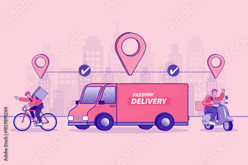 Fast delivery logistics service with truck scooter and bicycle courier man. Flat vector illustration for urban transportation shipping, online order tracking map and express cargo distribution.