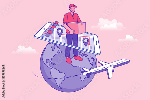 Courier man holding package standing on earth globe with smartphone map and airplane flying. Flat vector illustration for international logistics shipping, global export tracking and delivery service.