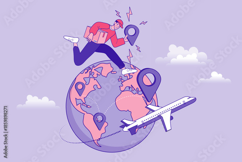 Fast courier man running on earth globe holding package and location pin. Flat vector illustration for international express shipping delivery and global logistics tracking.