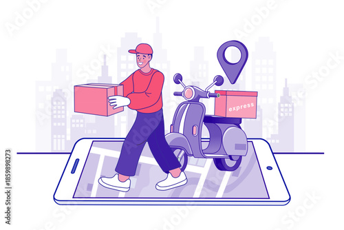 Courier man holding package walking on big smartphone map with scooter and location pin. Flat vector illustration for food delivery app service, online order tracking and urban logistics.