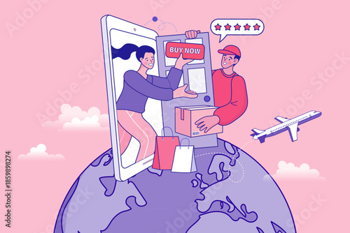 Woman opening smartphone door to receive package from delivery man standing on globe with airplane flying. Flat for global online shopping, international shipping and air freight logistics.