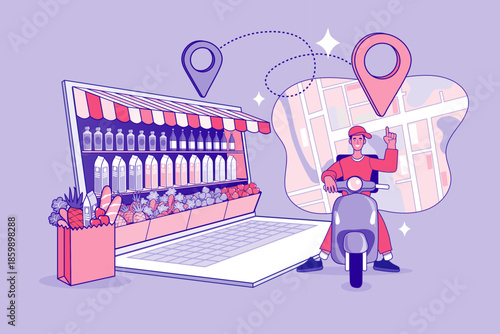 Delivery man on scooter next to laptop grocery store with map location pins. Flat vector illustration for online supermarket, food shipping service and order tracking application.