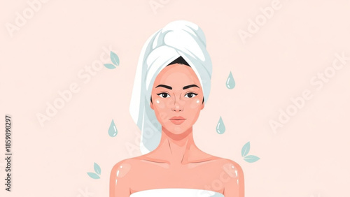 Woman with towel on head and face cream, skincare routine, beauty treatment, relaxation, wellness, self