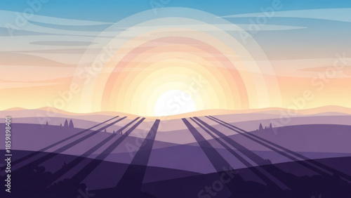 Sunset over rolling hills with power lines leading to horizon in colorful illustration