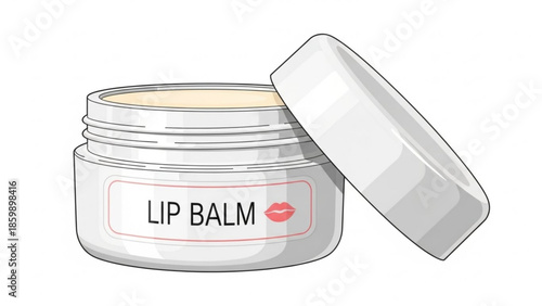 Lip balm in white jar with pink label and opened lid on white background