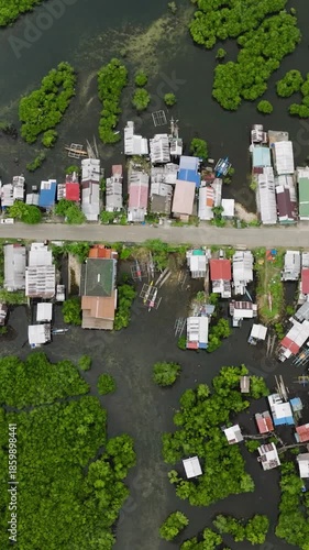 A village road runs along the coast with houses on both sides surrounded by mangrove trees and water. Siargao, Philippines.