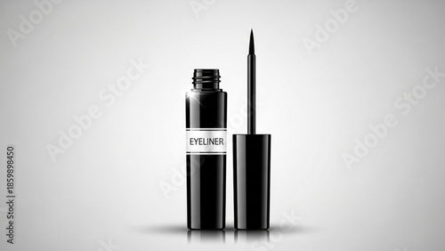 Black eyeliner bottle and applicator on white background, makeup product