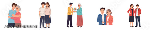 Happy Mothers Day Illustration Showing Adult Son And Elderly Mother Warm Family Moment In Flat Vector Style