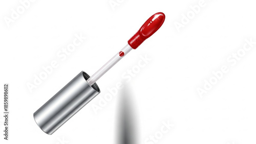 Red lipstick applicator with silver tube on white background, close up view