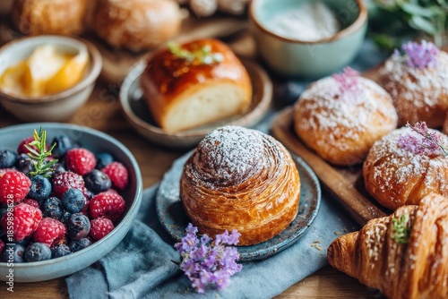 Wallpaper Mural Breakfast Table with Fresh Pastries, Berries, and Ingredients for a Cozy Morning Spread in a Rustic Setting Torontodigital.ca