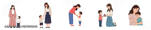 Happy Mothers Day Illustration Showing Young Mother And Child Love Moment In Flat Vector Style