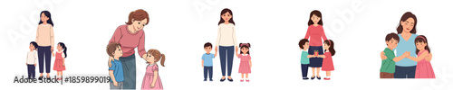 Happy Mothers Day Illustration Showing Caring Mom With Two Kids Family Love In Flat Vector Style