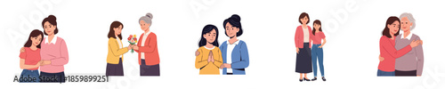 Happy Mothers Day Illustration Showing Daughter And Mother Emotional Bond In Flat Vector Style