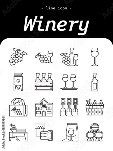 Winery thin line icon set. Wine production, vineyard, tasting outline icons.
