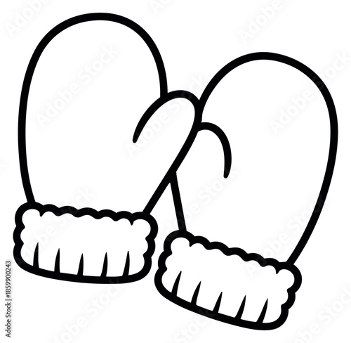 Line art illustration of a pair of mittens depicting warm winter clothing for cold weather designs
