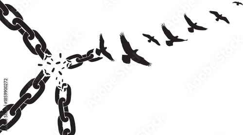 Liberation Concept Broken Chain Turning into Birds Silhouette